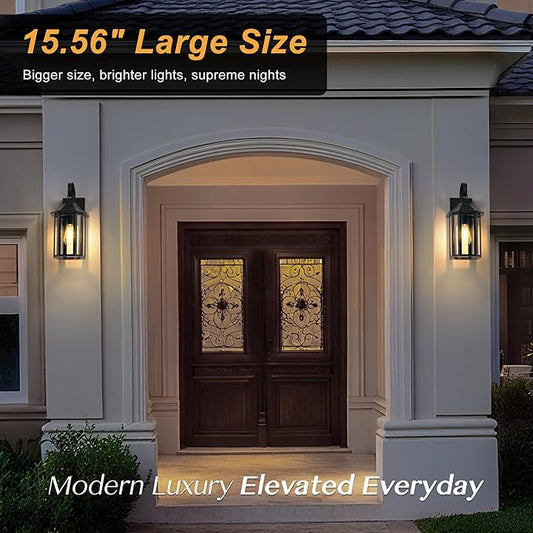 Outdoor Wall Lights, 15.56 Inch Large Waterproof Outside Wall Lantern Sconce, Clear Glass Exterior Lamp for House, Porch, Garage, 1-Light, (E26 Bulb Base, Black)