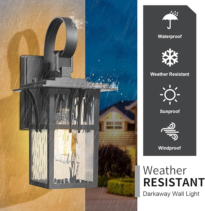 Darkaway Outdoor Wall Light,Exterior Lighting Fixtures Wall Mount Porch Lights Waterproof Outside Sconce with Water Ripple Glass for Patio Hallway Garage Front Door