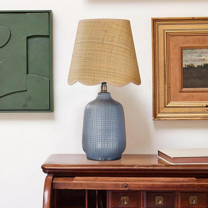 19" Boho Ceramic Table Lamp, Handmade Ceramic Base with Rattan Shade, Farmhouse Plug-in Bedside Nightstand Lamps for Bedroom, Living Room, E26 Socket, Navy Blue