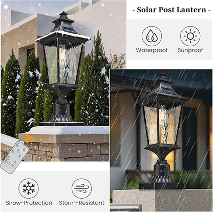 Solar Lamp Post Light Aluminum 20.7 Inch Large Size Outdoor Post Lights Hard Wired with Water Ripple Glass Black Lamp Posts Outdoor Lighting with Remote Control and LED Bulb