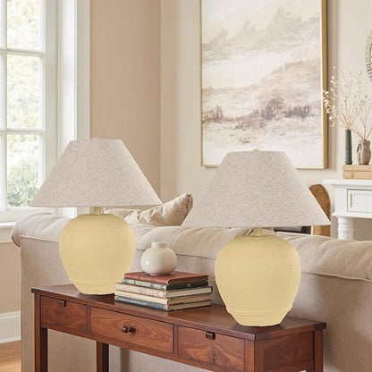 Farmhouse Ceramic Table Lamp Set of 2, 21" Rustic Table Lamp with Linen Shade, 3-Way Dimmable Bedside Nightstand Lamps for Bedroom, Living Room, E26 Socket, Cream