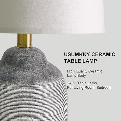 24.5" Vintage Ceramic Table Lamp - Single Farmhouse Rustic Bedside Lamp with Natural Textured Finish, Nightstand Lamps for Living Room, Bedroom, End Table, Office Dark Grey