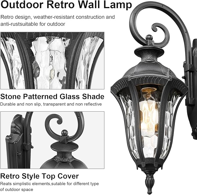 Outdoor Lights Fixtures Wall Mount, Outdoor Sconce Lighting Anti-Rust Exterior Porch Light Waterproof Aluminum Outside Lamp with Water Ripple Glass for Home Garden Patio Garage