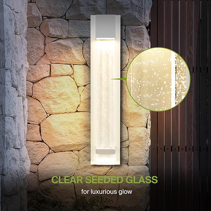 ASD LED 24" Bubble Glass Wall Light Fixture, Outdoor & Indoor Seeded Sconce | 3CCT, Waterproof, Dimmable, ETL Listed | 20W 600LM 3000-5000K 100-277V | Exterior Lantern, Porch Lighting | White, 2 Pack