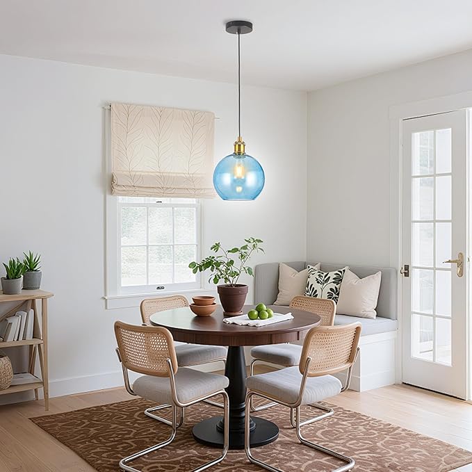 Blue Glass Pendant Lights Kitchen Island Lighting Globe Pendant Light Fixtures Modern Hand Blown Glass Lighting for Kitchen Island Bedroom Dining Room-7.8Inch