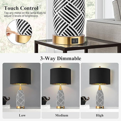 25.5" Touch Control Black and Gold Lamp,3-Way Dimmable Modern Ceramic Table Lamps with USB & Type-C Ports,Classic Black/White Striped Bedside Lamps for Bedroom Living Room Office(Bulbs Included)