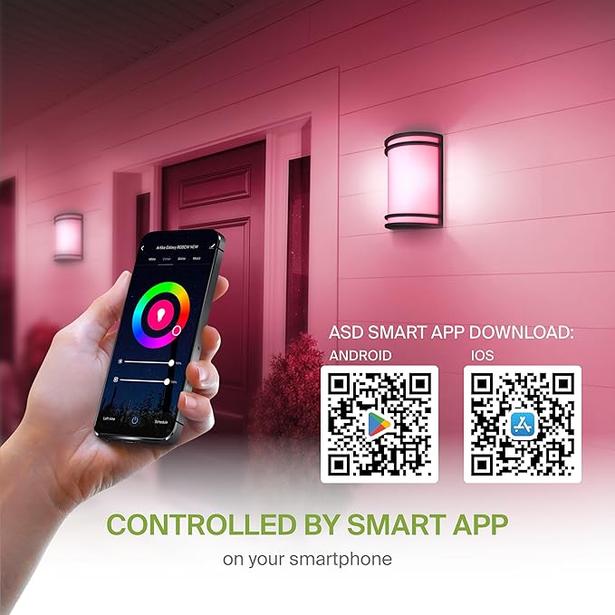ASD 10 Inch Smart RGBW LED Outdoor & Indoor Wall Mount Light Fixture - Black RGB Wall Sconce Exterior Lighting - 120-277V 15W 2700-6500K Dimmable, Remote Control, Alexa - Front Door, Patio ETL