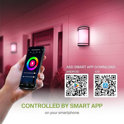 ASD 10 Inch Smart RGBW LED Outdoor & Indoor Wall Mount Light Fixture - Black RGB Wall Sconce Exterior Lighting - 120-277V 15W 2700-6500K Dimmable, Remote Control, Alexa - Front Door, Patio ETL 2 Pack