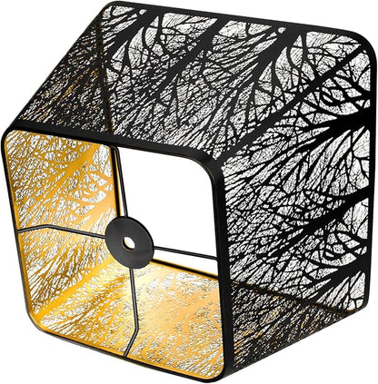 Medium Square Lamp Shades, ALUCSET Metal Lampshade with Pattern of Trees for Table Lamp and Floor Light, 7 x 10 x 7.5 Inch, Pattern of Trees (Black/Gold)
