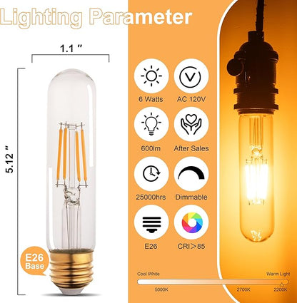 T10 Tubular Led Bulbs 60w Equivalent, Dimmable 5.25 Inch Led Tube Bulb, E26 T30 Edison Tubular Clear Light Bulbs, 2200K Warm Light Long Skinny 6W 10 Pack
