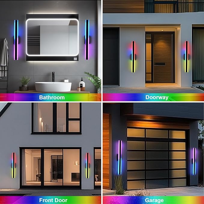 TODOLUZ 2-Pack 32-Inch Outdoor RGB Wall Light Fixture, IP65 Waterproof 21W LED Linear Porch Wall Sconce Lighting with Remote Control for Enterway Patio Garage