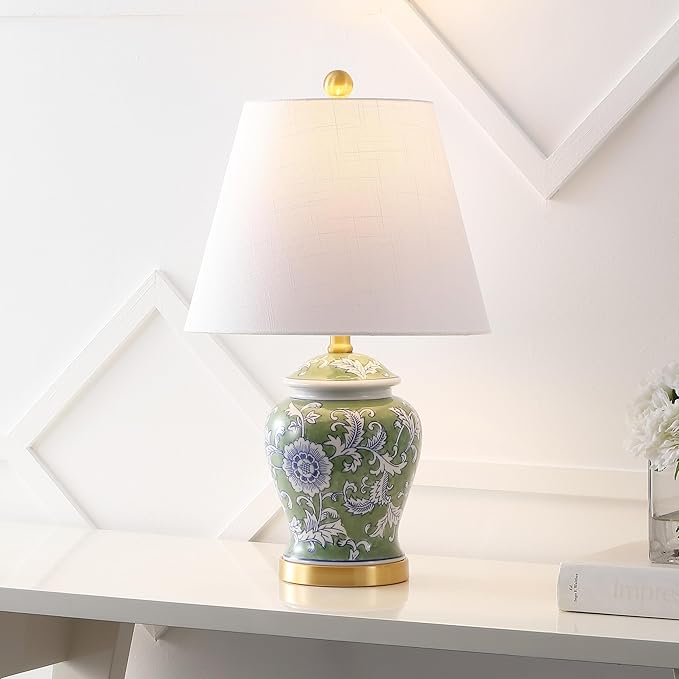 JONATHAN Y JYL3005E Penelope 22" French Country Cottage Ceramic/Iron Chinoiserie Ginger Jar LED Table Lamp, Green/White for Bedroom, Living Room, Office, College
