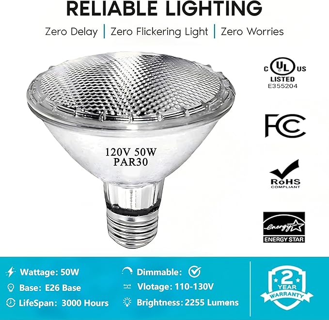 PAR30 Short Neck Halogen Flood Light Bulbs, 120V 50W PAR30 Light Bulb, Dimmable, High Output, E26 Medium Base, 2700K Warm Lighting, 3000 Hours for Recessed Light Bulb(6 Pack)