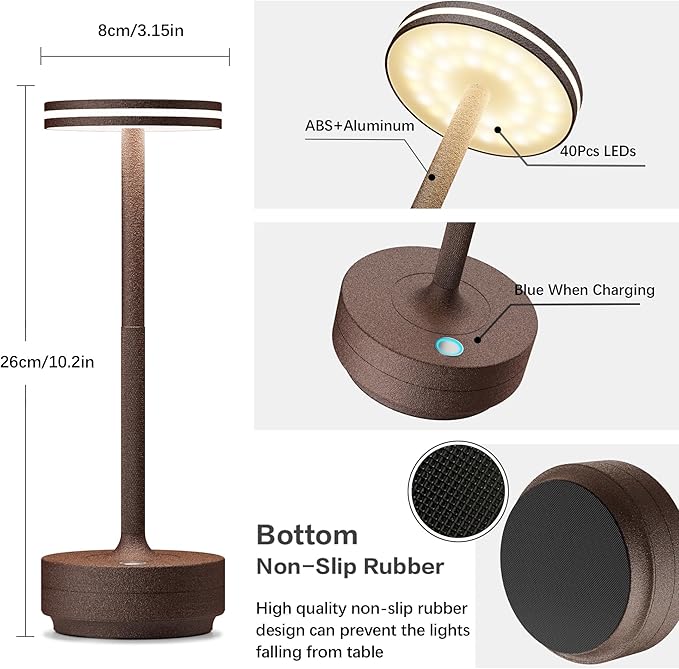 Hapfish Rechargeable Cordless Table Lamps, 5000mAh Battery Operated Lamp, 3 Color Modes, Dimmable, LED Table Lamps for Living Room,Outdoor, Dinner,Patio,Restaurant – Rust
