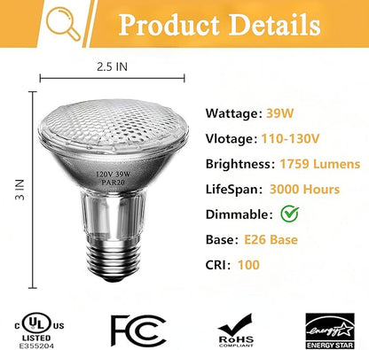 Par20 120V 39W Halogen Flood Light Bulb, PAR20 Light Bulb, Dimmable, E26 Base, 2700K Warm White, 3000 Hours for Indoor Range Hood, Track Oven, Ceiling Can Lamp（6Pack）