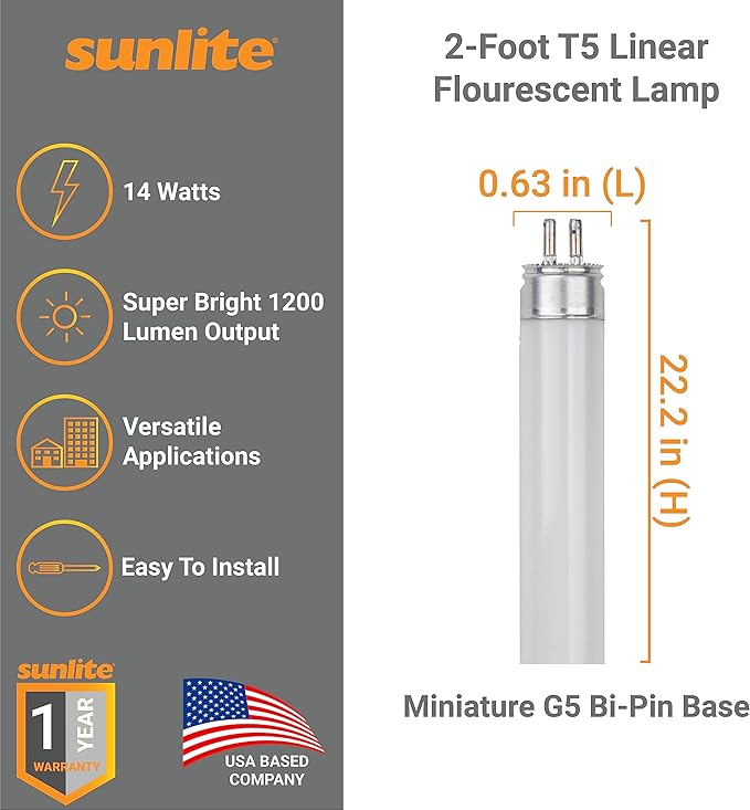 Sunlite 30310 F14T5/841 2 Foot T5 Linear Fluorescent Lamp, 14 Watts, 1200 Lumens, 4100K Cool White, Miniature G5 Bi-Pin Base, ROHS Compliant, High Performance Straight Tube, 40 Pack
