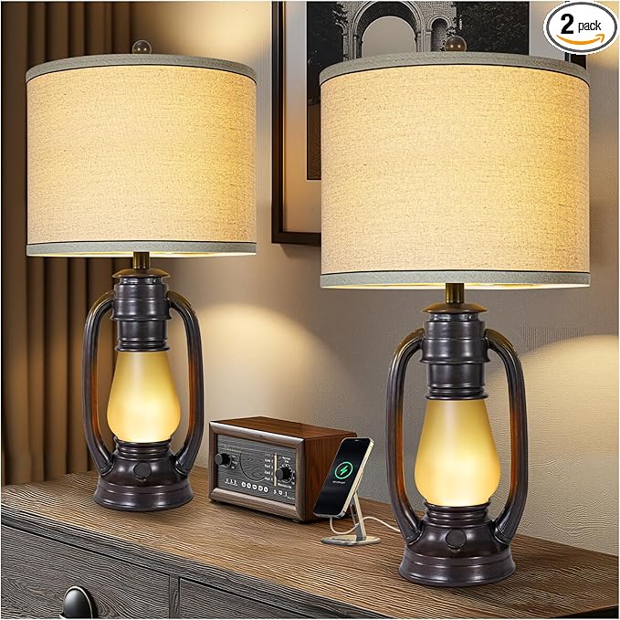 26'' Vintage Lantern Table Lamps Set of 2, Retro Bedside Nightstand Lamp with Nightlight and Linen Shade, Rustic Desk Lamp with USB A+C Ports, Farmhouse Table Lamps for Living Room Bedroom Study room