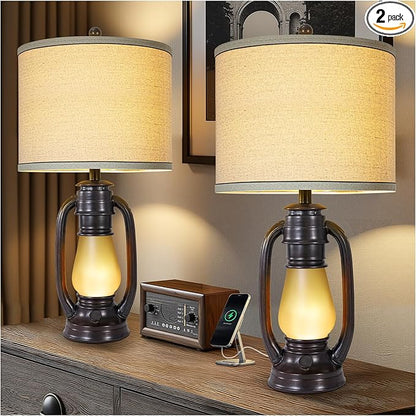 26'' Vintage Lantern Table Lamps Set of 2, Retro Bedside Nightstand Lamp with Nightlight and Linen Shade, Rustic Desk Lamp with USB A+C Ports, Farmhouse Table Lamps for Living Room Bedroom Study room
