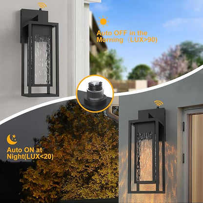 𝟏𝟓𝐈𝐍𝐂𝐇 LED Outdoor Light Fixture, Dusk to Dawn Outdoor Lighting with Rippled Glass, Outdoor Wall Lights Waterproof Porch Lights, Modern Outside Wall Lantern for Porch Patio Garage