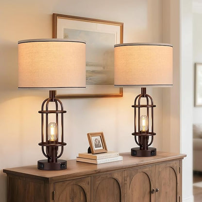 Living Room Lamps Set of 2, 22.3" Farmhouse Table Lamp for Bedroom, Vintage Lamps for Night Stands with USB Ports, Oil Rubbed Bronze