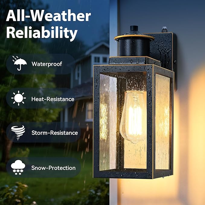 BesLowe 2-Pack Dusk to Dawn Outdoor Wall Lights, Modern Porch Lights Outdoor Sconces with Seeded Glass, Exterior Lighting Fixtures, Outside Lights for House Front Door Garage, Black with Gold Trim