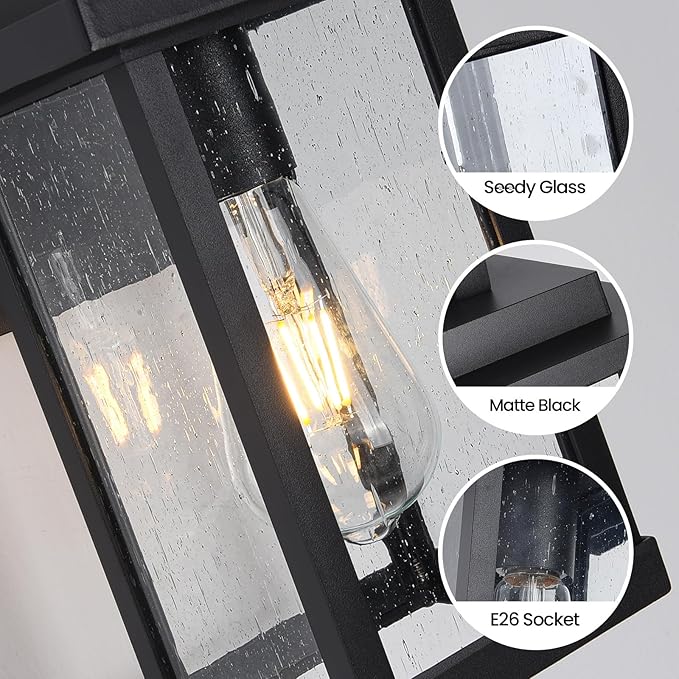 Outdoor Wall Sconce, Outside Porch Light Fixtures, Wall Mount Anti-Rust Exterior Wall Lights in Wood Grain Finish & Black Finish with Seeded Glass for Garage Doorway Entryway