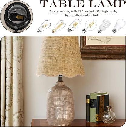 19" Boho Ceramic Table Lamp Set of 2, Handmade Ceramic Base with Rattan Shade, Farmhouse Plug-in Bedside Nightstand Lamps for Bedroom, Living Room, E26 Socket, Grey