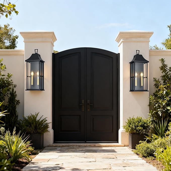 Outdoor Wall Sconce, 20.3" 2-Light in Black with Gold Rectangular Metal Frame and Clear Glass Shade Waterproof Porch Light Patio Light,Bulbs Not Included