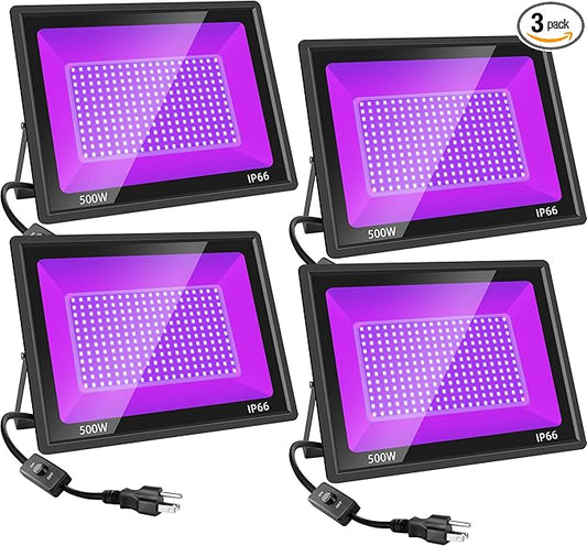 4Pack 500W LED Black Lights, Blacklight Flood Light, Outdoor for Glow Party, Halloween Decoration, Body Paint, Fluorescent Poster, Stage Lighting，Neon Glow, IP66, US-Plug-Switch-5Ft Cord