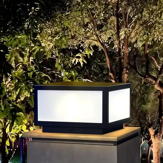 Outdoor Modern Post Light, LED Fence Deck Cap Light High Voltage Wired Lantern Column Lamp for Flat Surface Patio Garden Decoration with IP54 (Hardwiring, 12 X 12 Inch)