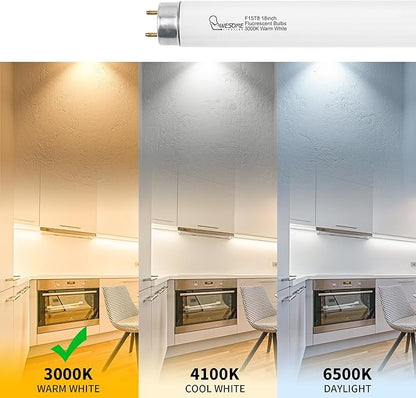 18 Inch F15T8/WW Fluorescent Light Bulbs, 3000K Warm White, T8 15 Watts Replacement Bulbs, Fluorescent Tube for Counter and Cabinet Fixture, G13 Base - 2 Pack