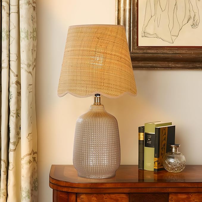 19" Boho Ceramic Table Lamp Set of 2, Handmade Ceramic Base with Rattan Shade, Farmhouse Plug-in Bedside Nightstand Lamps for Bedroom, Living Room, E26 Socket, Grey