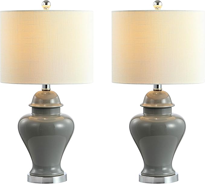 JONATHAN Y JYL6602B-SET2 22" Gray Classic Ceramic Table Lamp Set of 2 for Living Room, Traditional Ginger Jar Bedside Lamps for Bedroom Nightstand with White Linen Shade, LED Bulbs Included