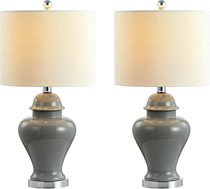 JONATHAN Y JYL6602B-SET2 22" Gray Classic Ceramic Table Lamp Set of 2 for Living Room, Traditional Ginger Jar Bedside Lamps for Bedroom Nightstand with White Linen Shade, LED Bulbs Included