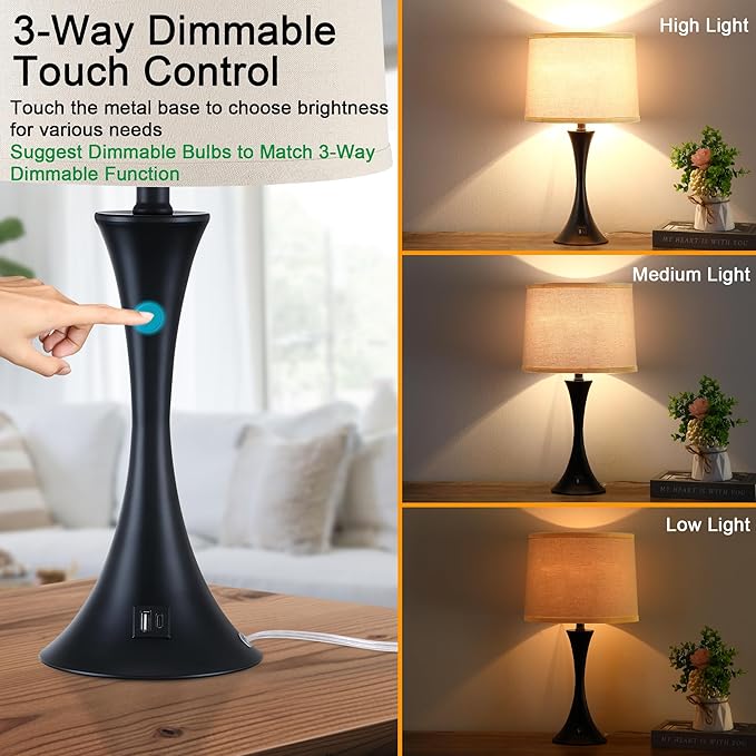 LIT-PaTH Table Lamp for Bedroom Nightstand Set of 2, Bedside Lamps with 3 Way Dimmable Touch Control and USB C+A Charging Ports, Linen Shade Desk Light for Living Room, Black (LED Bulb Not Included)