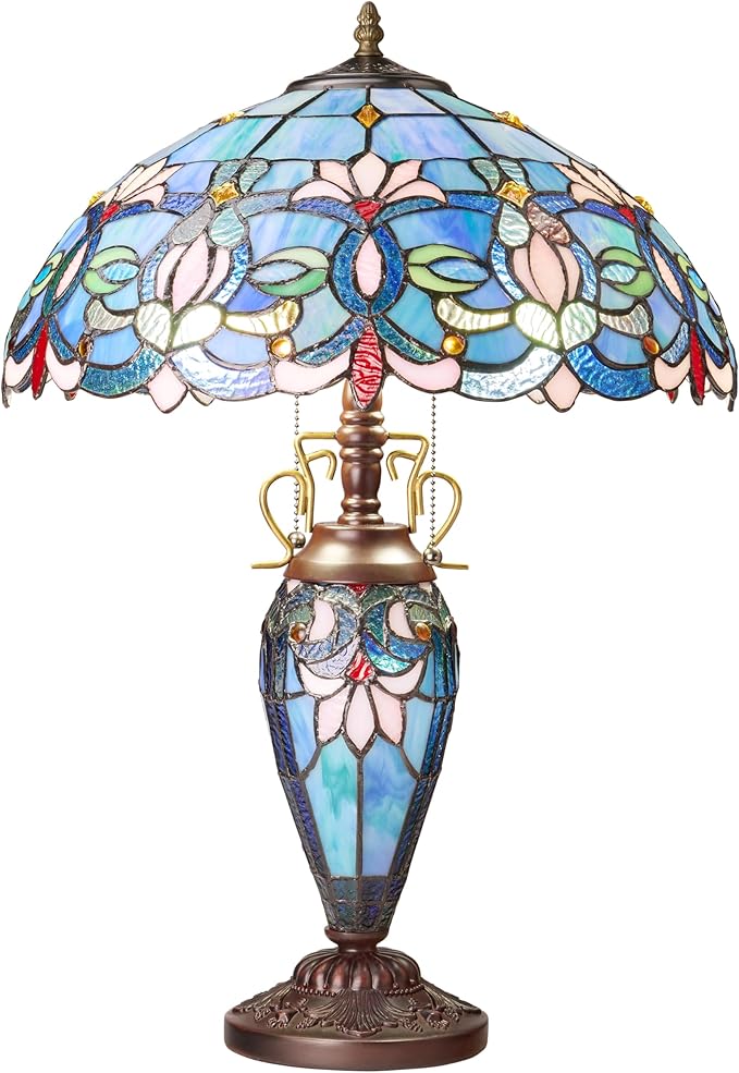 RIVER OF GOODS 24.5" H Victorian Blue Dome Shade Double Lit Tiffany-Style Stained Glass Table Lamp
