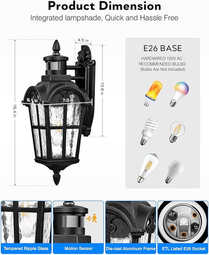 VIANIS Porch Lights Outdoor Motion Sensor, Black Dusk to Dawn Outdoor Garage Lighting Fixtures, Aluminum Waterproof Outside Sconce Lights with Ripple Glass, Coach Light Wall Mount for House Doorway