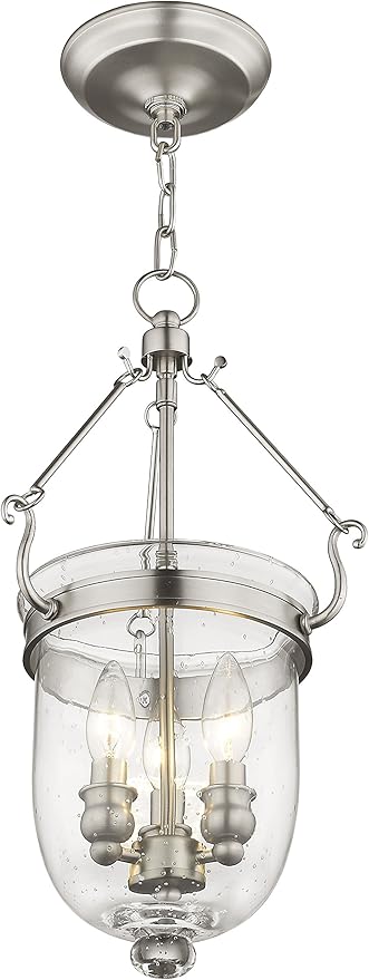 Livex Lighting 5083-91 Jefferson 3 Light Brushed Nickel Bell Jar Hanging Lantern with Seeded Glass