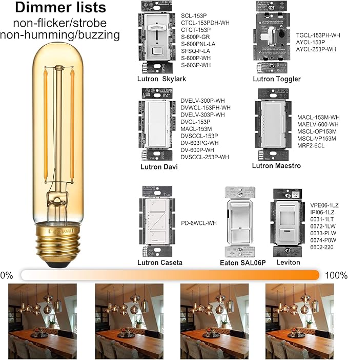 LiteHistory Dimmable E26 LED Bulb 4W Equal Edison Bulb 40 Watt AC120V Tubular Light Bulb Warm White 2200K Amber 250lm T10 LED Bulb for Rustic Pendant,Chandeliers,Wall sconces E26 Light Bulbs 6Pack