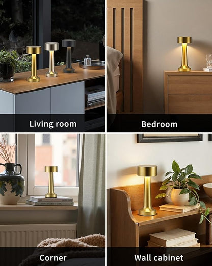 PUSU Cordless LED Gold Small Table Lamps Set of 2, Portable Rechargeable 4000mAh Battery Operated Desk Lamp, 3 Color Stepless Dimming for Kids, Restaurant, Bedside, Outdoor, Bar, Night Light, Gift