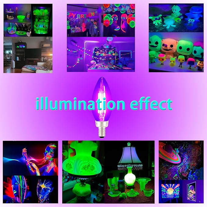 TITO 6 Pack E12 B11 Dimmable Filament LED Candle Black Light Bulbs, UVA 395nm 4.5W Candelabra Black Light Bulb, 60W Blacklight Bulb Equivalent, Glow in Dark Halloween Christmas Party Fluorescent Decor