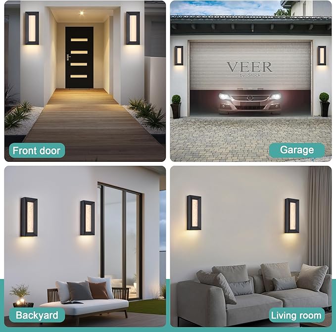 Modern 15in LED Outdoor or Indoor Wall Light with Cast Art Glass,Integrated LED 18.5W 3000K,IP65 Waterproof,Aluminum Extrusions in Textured Black,Wall Mount for Patio, Entryway, Garage