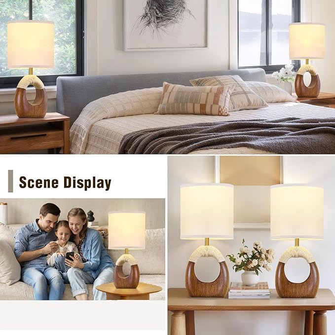 Table Lamp for Bedroom Set of 2 - Bedside Table Lamps with Adjustable Color Temperatures - Boho Rattan Lamps for Night Stands Small Farmhouse Living Room Lamp for Reading Bulbs Included