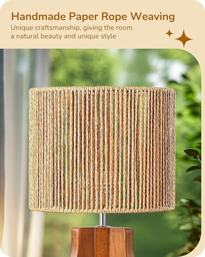 EDISHINE Small Table Lamp, Rose Wood Tripod Nightstand Lamp, Handwoven Paper Rope Shade, 14.6" Rattan Bedside Lamp for Bedroom Living Room, Office, On-Off Line Switch, E26 Base(Bulb Not Included)