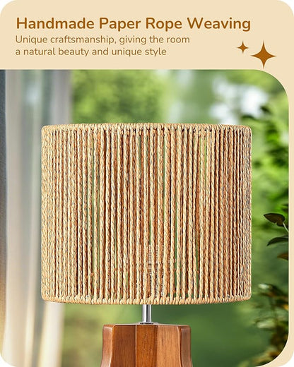 EDISHINE Small Table Lamp, Rose Wood Tripod Nightstand Lamp, Handwoven Paper Rope Shade, 14.6" Rattan Bedside Lamp for Bedroom Living Room, Office, On-Off Line Switch, E26 Base(Bulb Not Included)
