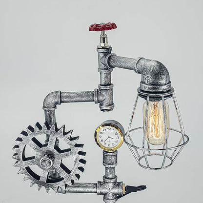 Antique Steampunk Pipe Table Lamp with Adjustable Joint & Clock (Cage Shade) QTF-BT05