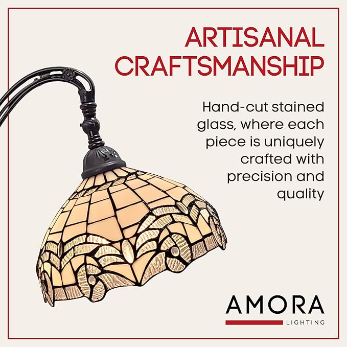 Amora Tiffany Floor Lamp - Arched, Stained Glass 62” - Traditional White Mahogany with Foot Switch Operation and Adjustable Lamp Shade - Custom Handcrafted Floor Lamps for Living Room