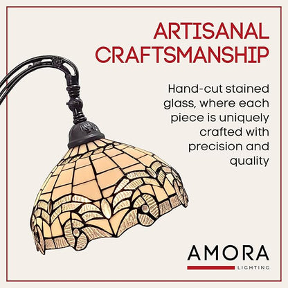Amora Tiffany Floor Lamp - Arched, Stained Glass 62” - Traditional White Mahogany with Foot Switch Operation and Adjustable Lamp Shade - Custom Handcrafted Floor Lamps for Living Room