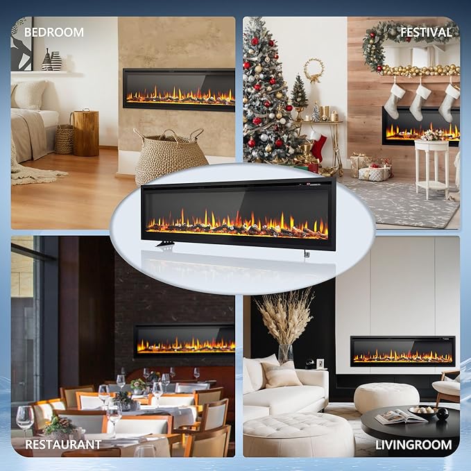 EUHOMY 60 Inch Electric Fireplace Recessed Wall Mounted Freestanding with Remote Control, Ultra-thin Fireplace Heater with Adjustable Flame Color, Linear Fireplace with Timer, Log & Crystal, 750/1500W