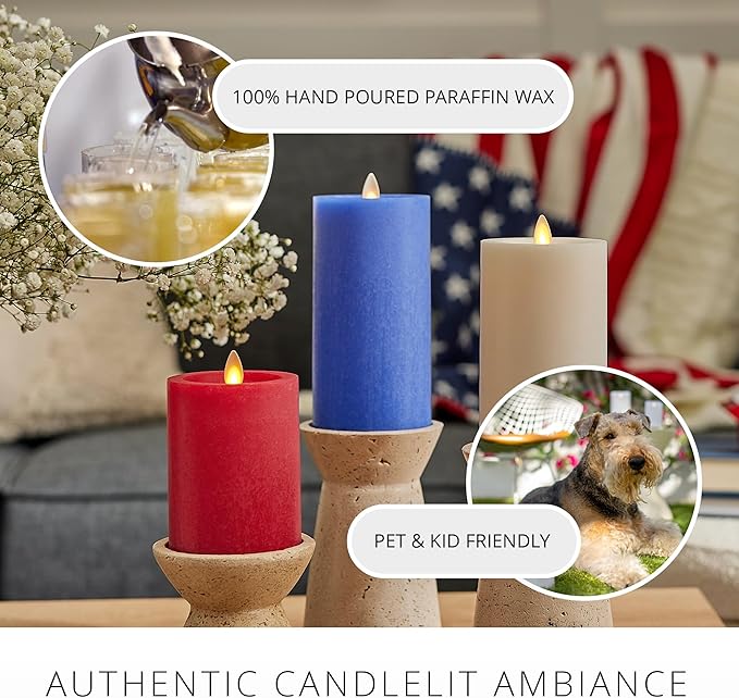 Luminara Red White & Blue Americana Pillar Trio - Set of 3 Flickering Flameless Wax Candles - Battery Operated LED Real Flame Illumination for Patriotic Holiday Decor - Timer - Remote Sold Separately